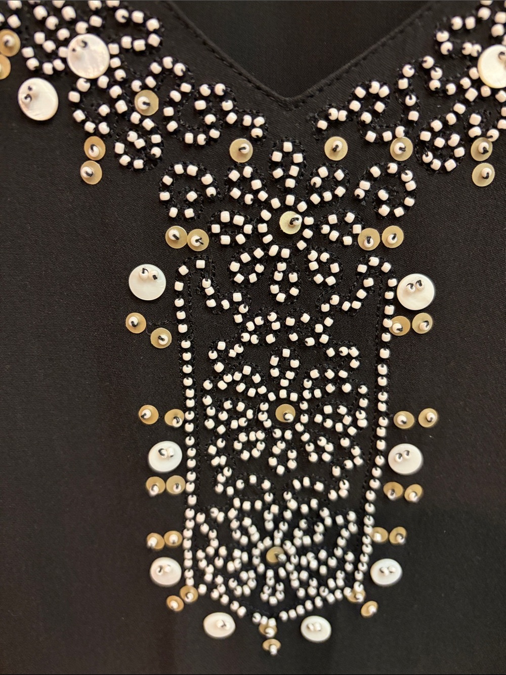 Bloomingdale's Silk Maxi Dress with White & Pearlized Bead V-Neck Trim - Picture 4 of 5